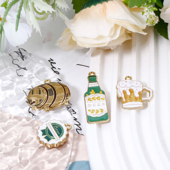 Picture of Zinc Based Alloy Charms Gold Plated Multicolor Beer Bottle Enamel