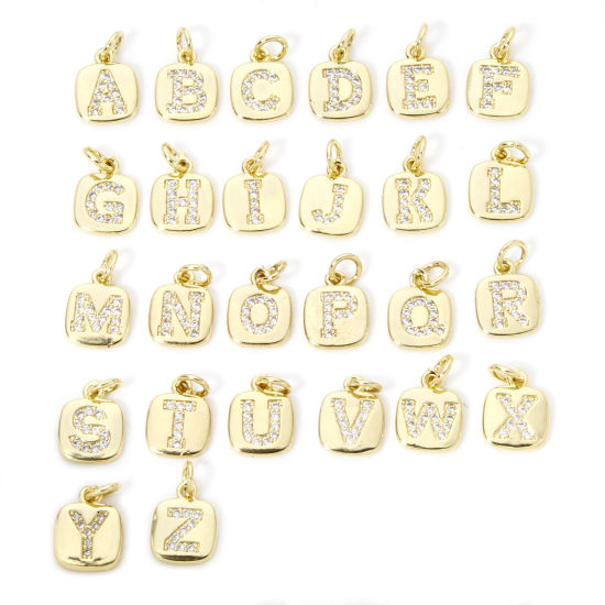 Image de 2 Pcs Breloques en Laiton Respectueux de la Nature Carré Plaqué Or Véritable 18K Alphabet Initial/ Lettre Majuscule Micro Pave à Zircone Cubique Clair 15mm x 9mm