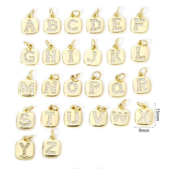 Image de 2 Pcs Breloques en Laiton Respectueux de la Nature Carré Plaqué Or Véritable 18K Alphabet Initial/ Lettre Majuscule Micro Pave à Zircone Cubique Clair 15mm x 9mm