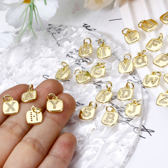 Image de 2 Pcs Breloques en Laiton Respectueux de la Nature Carré Plaqué Or Véritable 18K Alphabet Initial/ Lettre Majuscule Micro Pave à Zircone Cubique Clair 15mm x 9mm