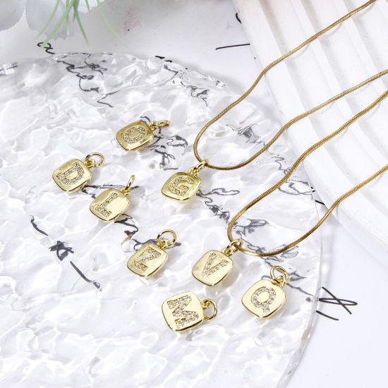 Image de 2 Pcs Breloques en Laiton Respectueux de la Nature Carré Plaqué Or Véritable 18K Alphabet Initial/ Lettre Majuscule Micro Pave à Zircone Cubique Clair 15mm x 9mm
