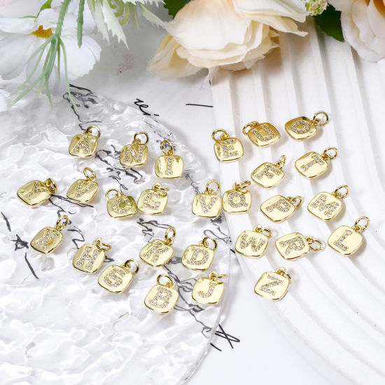 Image de 2 Pcs Breloques en Laiton Respectueux de la Nature Carré Plaqué Or Véritable 18K Alphabet Initial/ Lettre Majuscule Micro Pave à Zircone Cubique Clair 15mm x 9mm