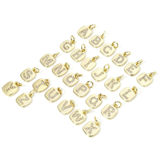 Image de 2 Pcs Breloques en Laiton Respectueux de la Nature Carré Plaqué Or Véritable 18K Alphabet Initial/ Lettre Majuscule Micro Pave à Zircone Cubique Clair 15mm x 9mm