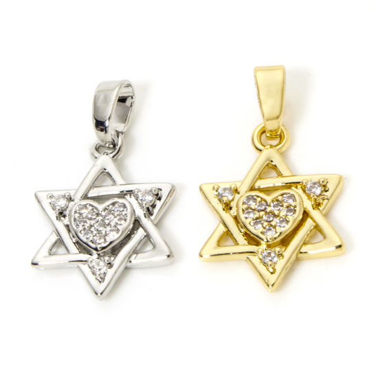 Picture of Brass Religious Charm Pendant Multicolor Star Of David Hexagram Micro Pave Clear Cubic Zirconia 21mm x 12mm