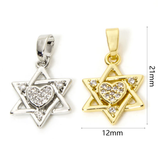 Picture of Brass Religious Charm Pendant Multicolor Star Of David Hexagram Micro Pave Clear Cubic Zirconia 21mm x 12mm