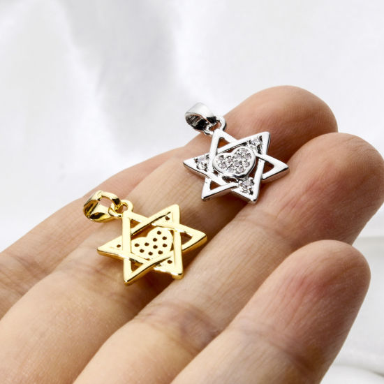 Picture of Brass Religious Charm Pendant Multicolor Star Of David Hexagram Micro Pave Clear Cubic Zirconia 21mm x 12mm