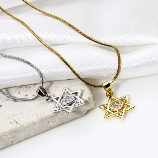 Picture of Brass Religious Charm Pendant Multicolor Star Of David Hexagram Micro Pave Clear Cubic Zirconia 21mm x 12mm