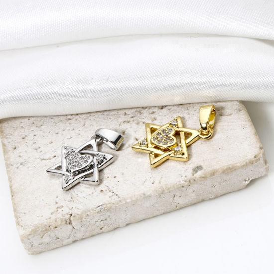 Picture of Brass Religious Charm Pendant Multicolor Star Of David Hexagram Micro Pave Clear Cubic Zirconia 21mm x 12mm