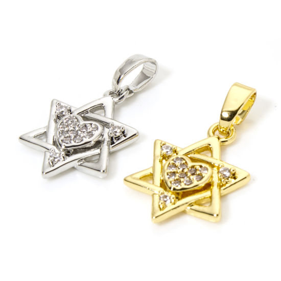 Picture of Brass Religious Charm Pendant Multicolor Star Of David Hexagram Micro Pave Clear Cubic Zirconia 21mm x 12mm