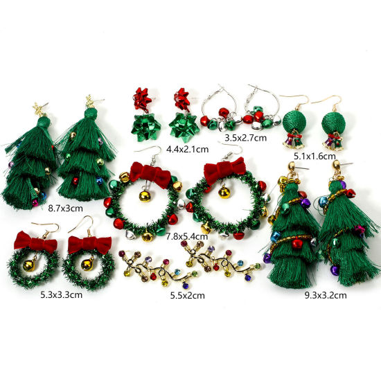 Picture of 1 Pair Zinc Based Alloy Earrings Multicolor Christmas Tree Christmas Jingle Bell 3D Post/ Wire Size: (21 gauge)