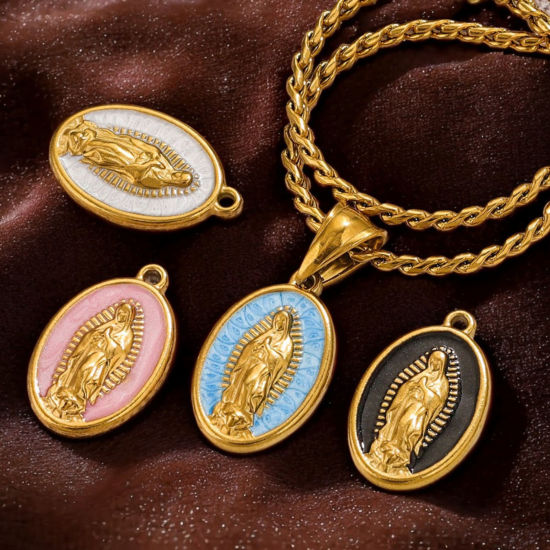 Picture of Vacuum Plating 304 Stainless Steel Religious Charms 18K Gold Plated Multicolor Oval Virgin Mary Enamel 23mm x 14.5mm