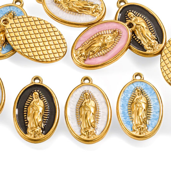 Picture of Vacuum Plating 304 Stainless Steel Religious Charms 18K Gold Plated Multicolor Oval Virgin Mary Enamel 23mm x 14.5mm