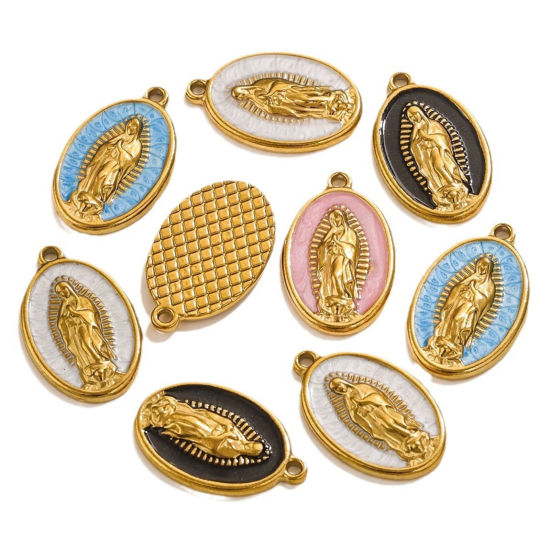 Picture of Vacuum Plating 304 Stainless Steel Religious Charms 18K Gold Plated Multicolor Oval Virgin Mary Enamel 23mm x 14.5mm