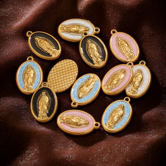 Picture of Vacuum Plating 304 Stainless Steel Religious Charms 18K Gold Plated Multicolor Oval Virgin Mary Enamel 23mm x 14.5mm