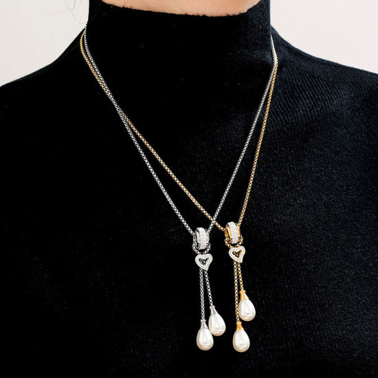 Immagine di 1 Pz Elegante Semplice Multicolore Acciaio Inossidabile Catena di casella Nappine Imitata Perla Collana Lunga Adatto Maglia Per Donne 45cm Lunghezza