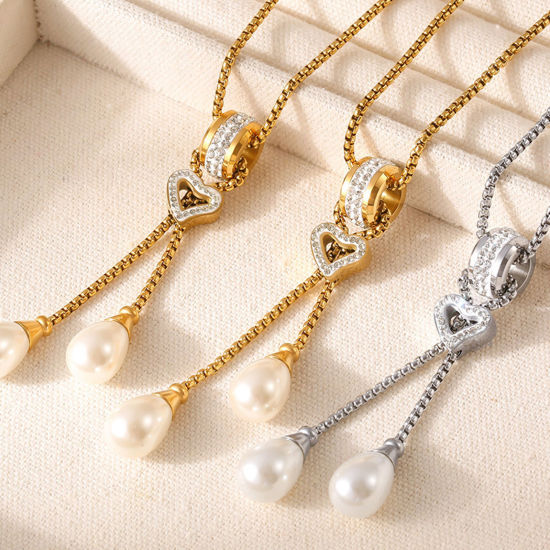 Immagine di 1 Pz Elegante Semplice Multicolore Acciaio Inossidabile Catena di casella Nappine Imitata Perla Collana Lunga Adatto Maglia Per Donne 45cm Lunghezza
