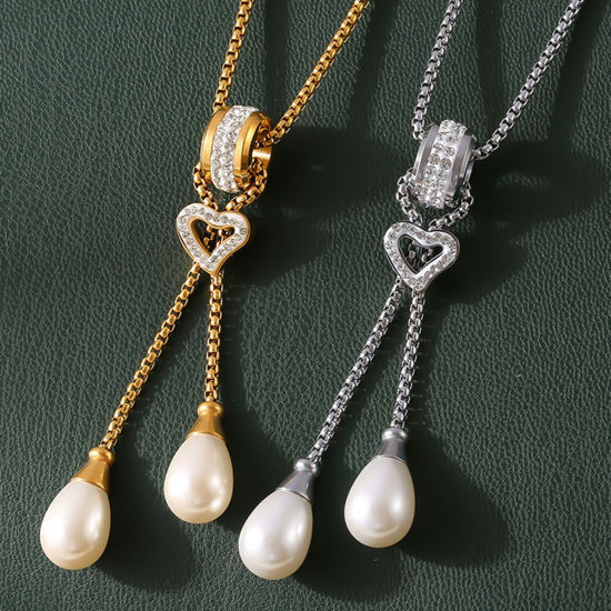 Immagine di 1 Pz Elegante Semplice Multicolore Acciaio Inossidabile Catena di casella Nappine Imitata Perla Collana Lunga Adatto Maglia Per Donne 45cm Lunghezza
