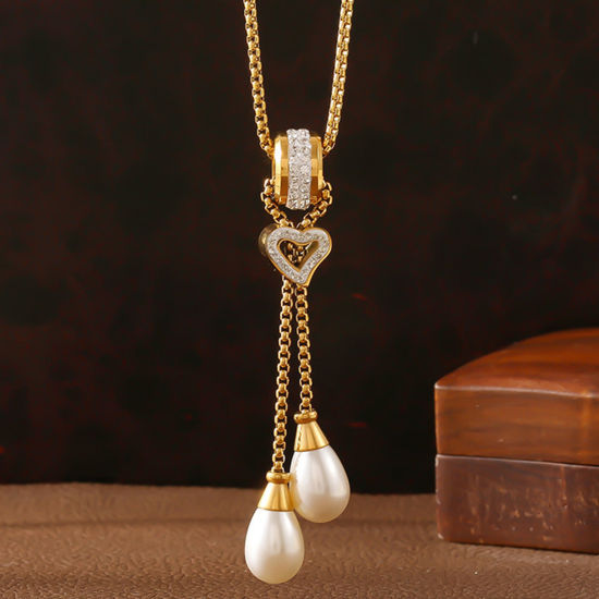 Immagine di 1 Pz Elegante Semplice Multicolore Acciaio Inossidabile Catena di casella Nappine Imitata Perla Collana Lunga Adatto Maglia Per Donne 45cm Lunghezza