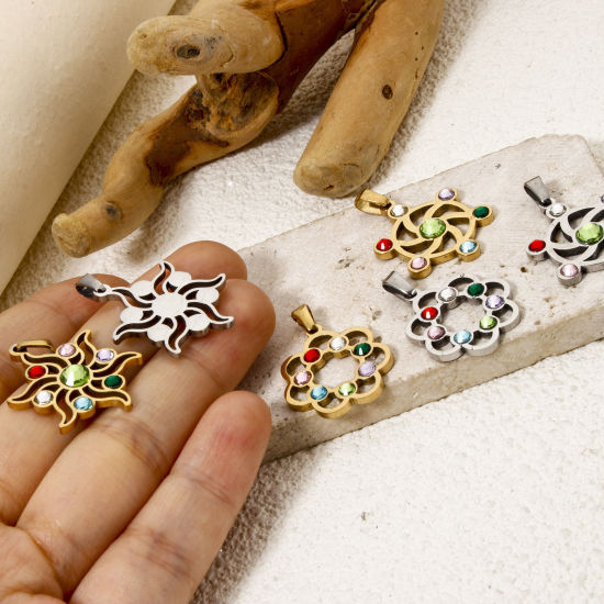 Изображение 1 Piece 304 Stainless Steel Pendants Yoga Healing Hollow Multicolor Rhinestone