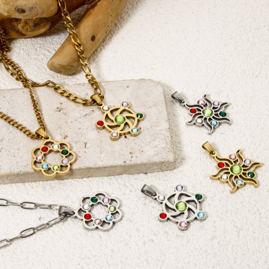 Изображение 1 Piece 304 Stainless Steel Pendants Yoga Healing Hollow Multicolor Rhinestone