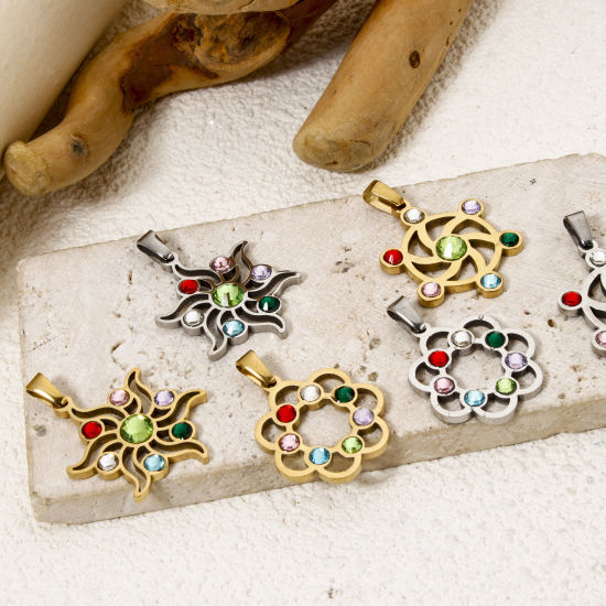 Изображение 1 Piece 304 Stainless Steel Pendants Yoga Healing Hollow Multicolor Rhinestone