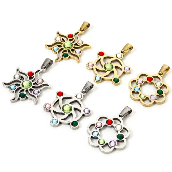 Изображение 1 Piece 304 Stainless Steel Pendants Yoga Healing Hollow Multicolor Rhinestone