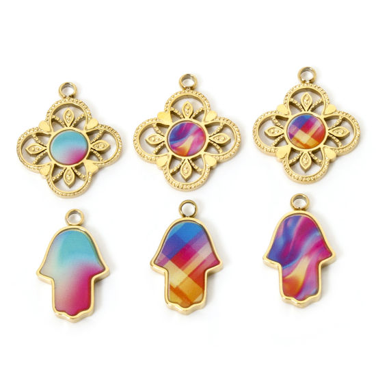 Picture of 1 Piece Vacuum Plating 304 Stainless Steel Pendants 18K Gold Plated Multicolor Enamel