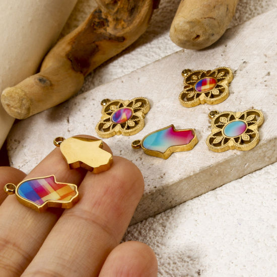 Picture of 1 Piece Vacuum Plating 304 Stainless Steel Pendants 18K Gold Plated Multicolor Enamel