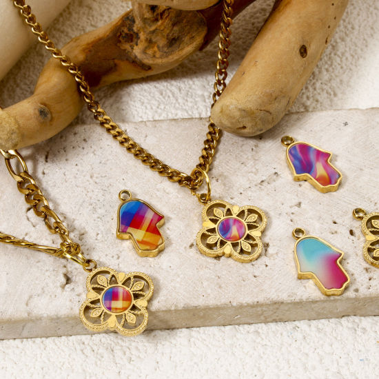 Picture of 1 Piece Vacuum Plating 304 Stainless Steel Pendants 18K Gold Plated Multicolor Enamel