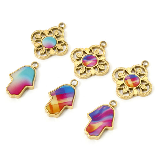 Picture of 1 Piece Vacuum Plating 304 Stainless Steel Pendants 18K Gold Plated Multicolor Enamel