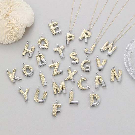 Picture of Brass Hammered Charms 14K Gold Plated & Platinum Plated Two Tone Capital Alphabet Initial Letter Message " A-Z "