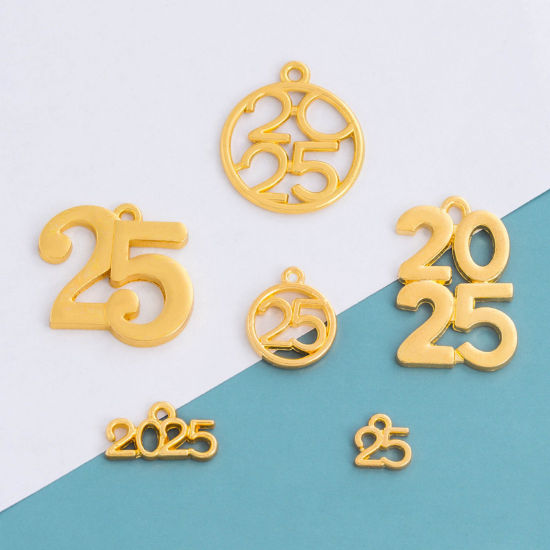 Picture of Zinc Based Alloy Year Charms Gold Plated Number Message " 2025 " Hollow