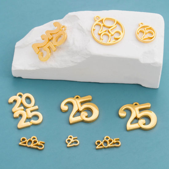 Picture of Zinc Based Alloy Year Charms Gold Plated Number Message " 2025 " Hollow