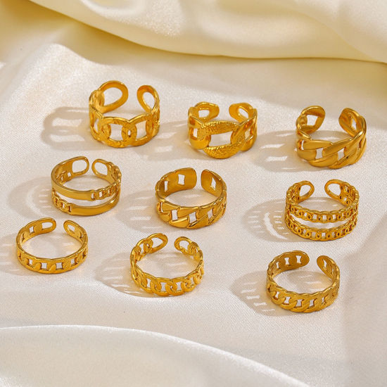 1 Piece Eco-friendly Vacuum Plating 304 Stainless Steel Open Adjustable Rings 18K Gold Plated Link Chain 17mm(US Size 6.5) の画像