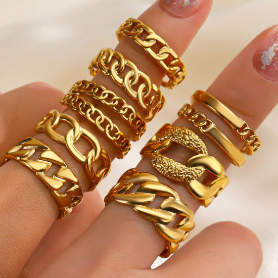1 Piece Eco-friendly Vacuum Plating 304 Stainless Steel Open Adjustable Rings 18K Gold Plated Link Chain 17mm(US Size 6.5) の画像