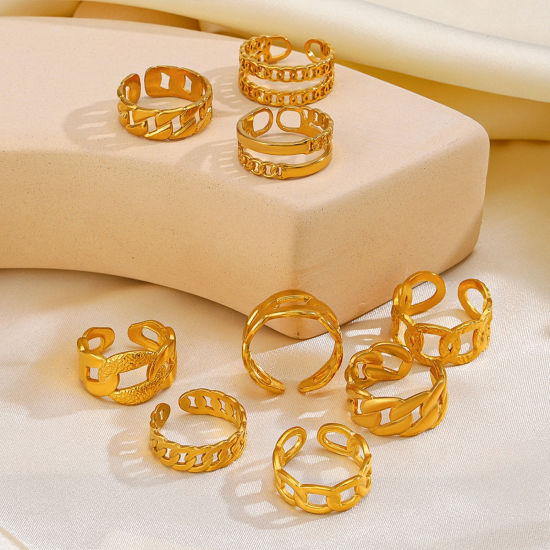 1 Piece Eco-friendly Vacuum Plating 304 Stainless Steel Open Adjustable Rings 18K Gold Plated Link Chain 17mm(US Size 6.5) の画像