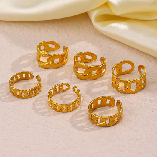 1 Piece Eco-friendly Vacuum Plating 304 Stainless Steel Open Adjustable Rings 18K Gold Plated Link Chain 17mm(US Size 6.5) の画像
