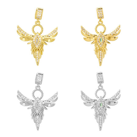 Brass Religious Pendants Multicolor Angel Wing Micro Pave Clear Cubic Zirconia 3.2cm x 2.2cm