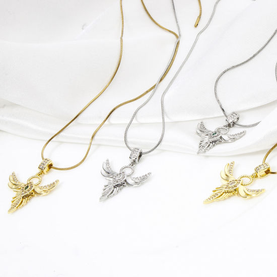 Picture of Brass Religious Pendants Multicolor Angel Wing Micro Pave Clear Cubic Zirconia 3.2cm x 2.2cm