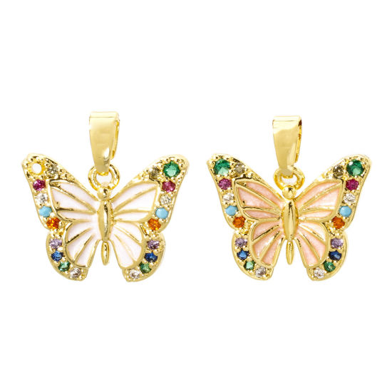 Picture of 2 PCs Brass Charm Pendant 18K Gold Plated Butterfly Animal Enamel Multicolour Cubic Zirconia 17mm x 16mm