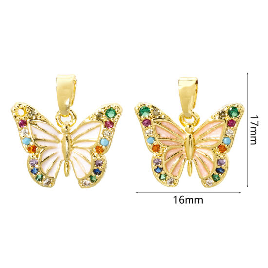 Picture of 2 PCs Brass Charm Pendant 18K Gold Plated Butterfly Animal Enamel Multicolour Cubic Zirconia 17mm x 16mm