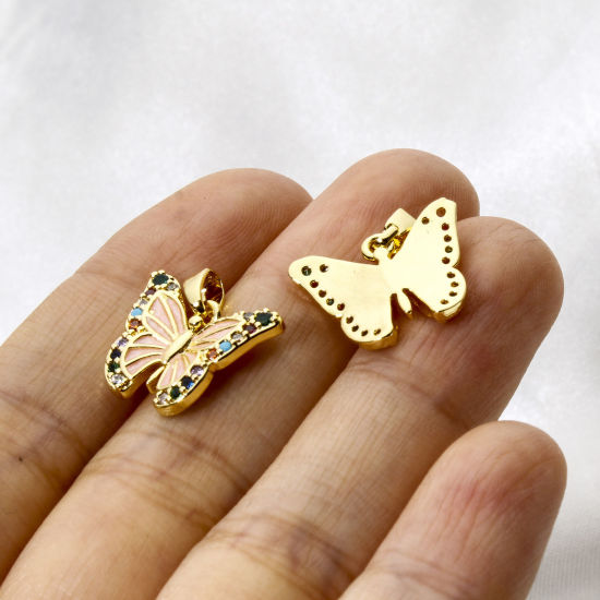 Picture of 2 PCs Brass Charm Pendant 18K Gold Plated Butterfly Animal Enamel Multicolour Cubic Zirconia 17mm x 16mm