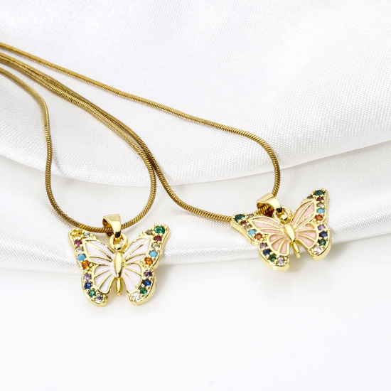 Picture of 2 PCs Brass Charm Pendant 18K Gold Plated Butterfly Animal Enamel Multicolour Cubic Zirconia 17mm x 16mm