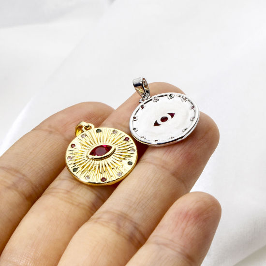 Изображение 2 ШТ Латунь религия Подвески Круглые Разноцветный Око Провидения / Всевидящее Око Разноцветный Искусственный Циркон 24мм x 17мм