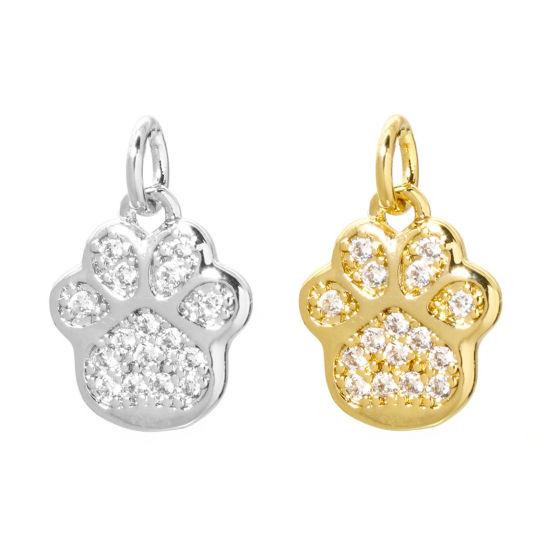 Picture of 2 PCs Brass Pet Memorial Charms Multicolor Dog Paw Claw Micro Pave Clear Cubic Zirconia 16mm x 11mm