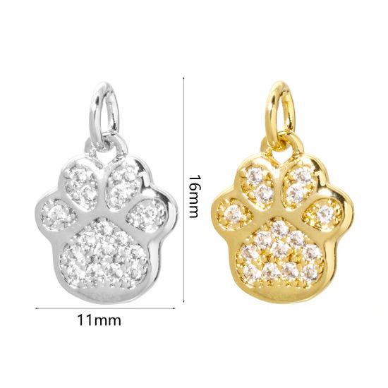 Picture of 2 PCs Brass Pet Memorial Charms Multicolor Dog Paw Claw Micro Pave Clear Cubic Zirconia 16mm x 11mm