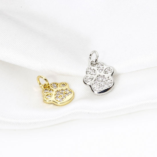 Picture of 2 PCs Brass Pet Memorial Charms Multicolor Dog Paw Claw Micro Pave Clear Cubic Zirconia 16mm x 11mm