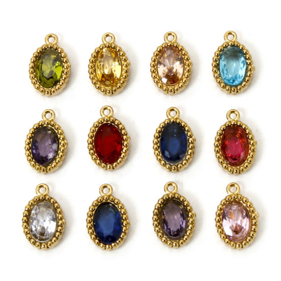 Picture of Eco-friendly Vacuum Plating 304 Stainless Steel Mini Charms 18K Real Gold Plated Oval Multicolor Rhinestone 10mm x 6.5mm