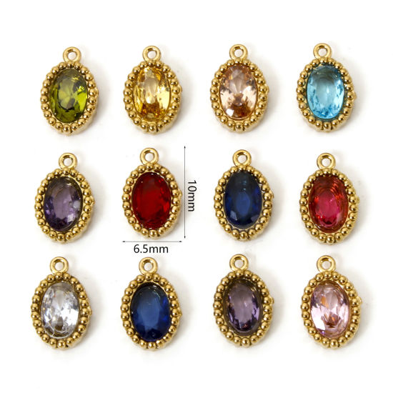 Picture of Eco-friendly Vacuum Plating 304 Stainless Steel Mini Charms 18K Real Gold Plated Oval Multicolor Rhinestone 10mm x 6.5mm