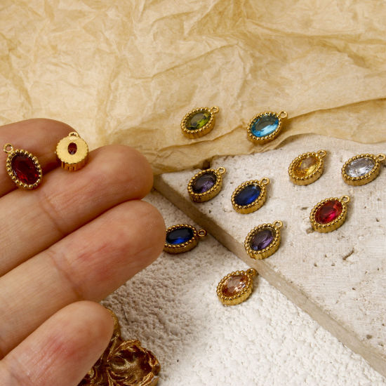 Picture of Eco-friendly Vacuum Plating 304 Stainless Steel Mini Charms 18K Real Gold Plated Oval Multicolor Rhinestone 10mm x 6.5mm